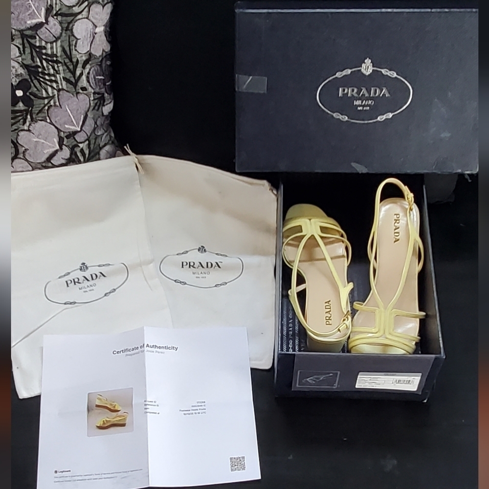 Prada Vero Cuoio Yellow Leather Wedge Sandal - Picture 3 of 6